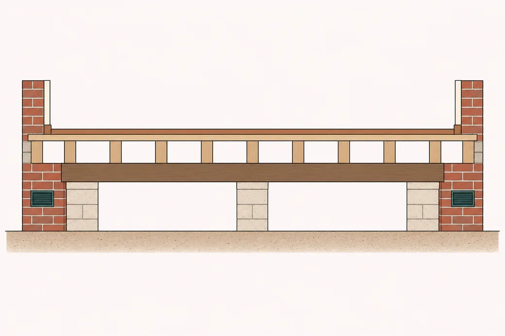Drawing of a raised wood floor: three masonry piers on level ground hold a timber beam, joists sit on the beam, and open air fills the space below