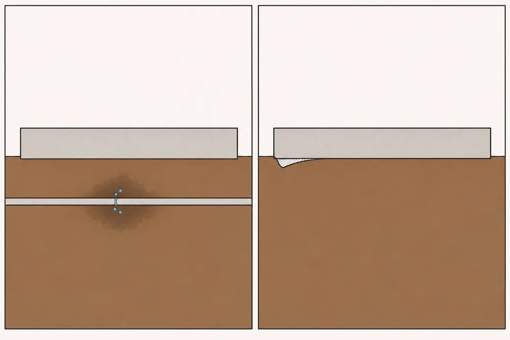 Two cut-away drawings of a concrete slab: water spreading from a pipe in the soil underneath, and dry soil shrinking away from one edge